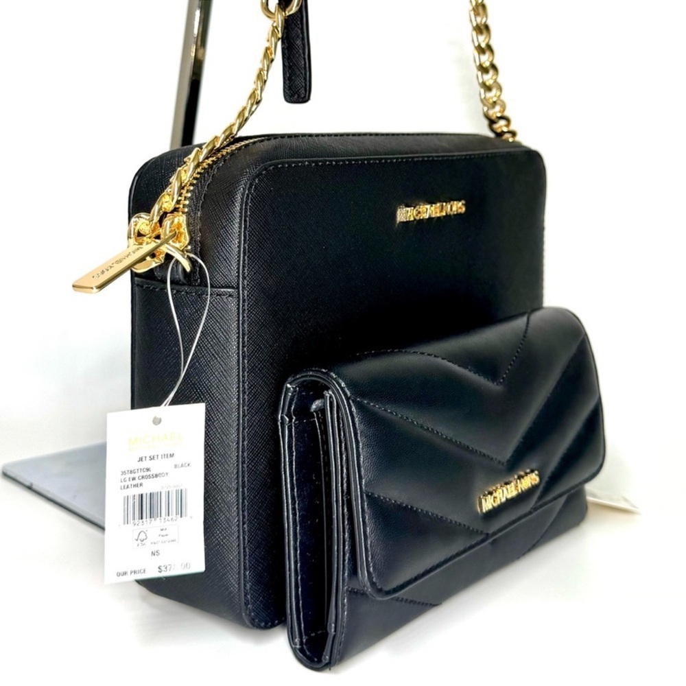 Michael Kors Large Logo Crossbody Bag & Matching Quilted Trifold Wallet Black - Picture 4 of 11